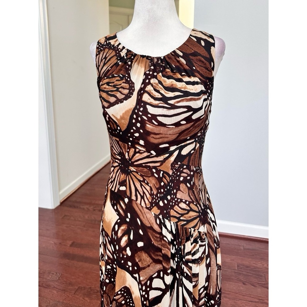 Vintage 2000s Evan Picone Brown Earth Tones Butterfly Asymmetrical Summer Dress - Picture 5 of 12